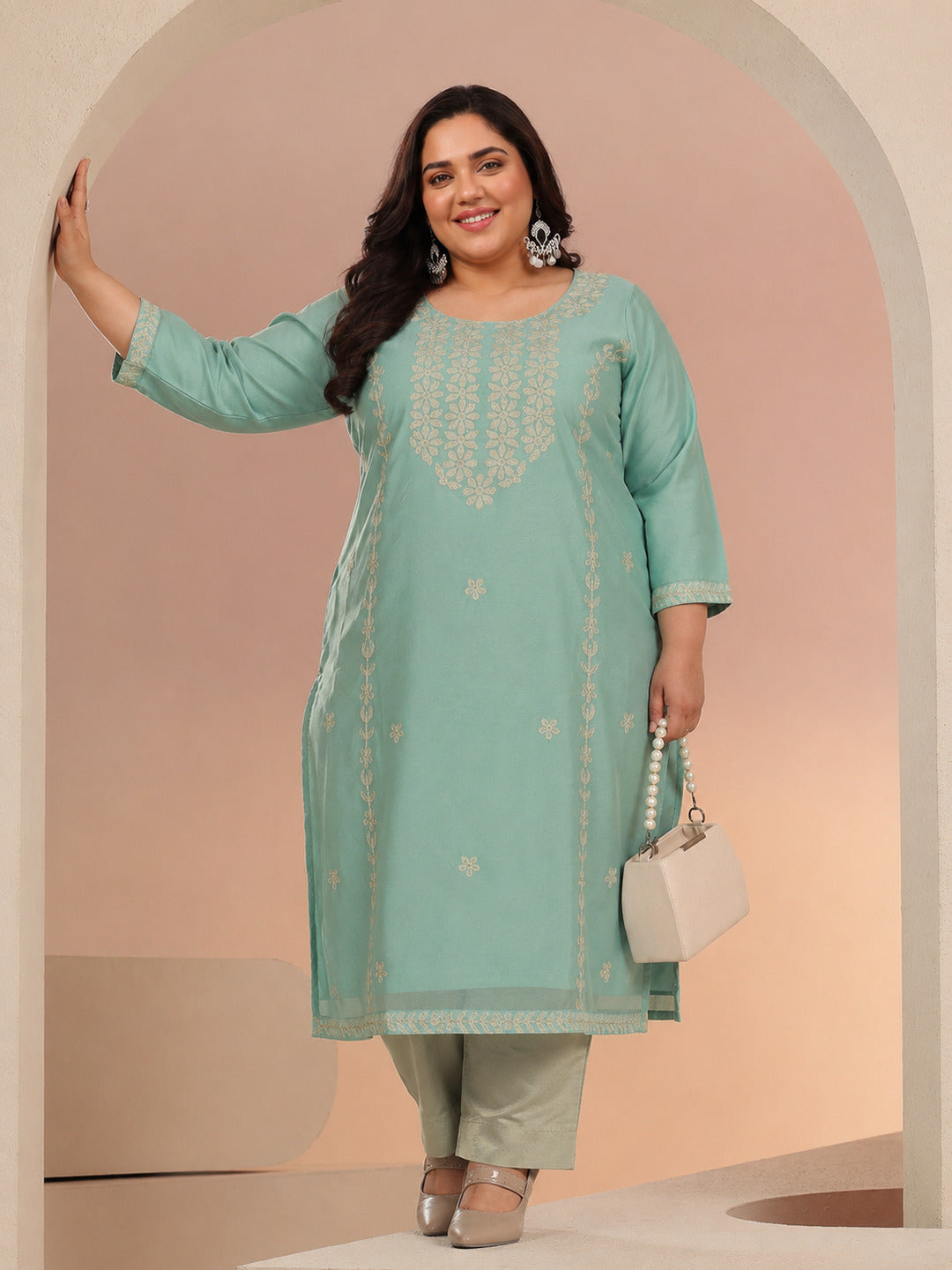 Plus Size Mint Green Floral Embroidered Silk Blend Straight Kurta
