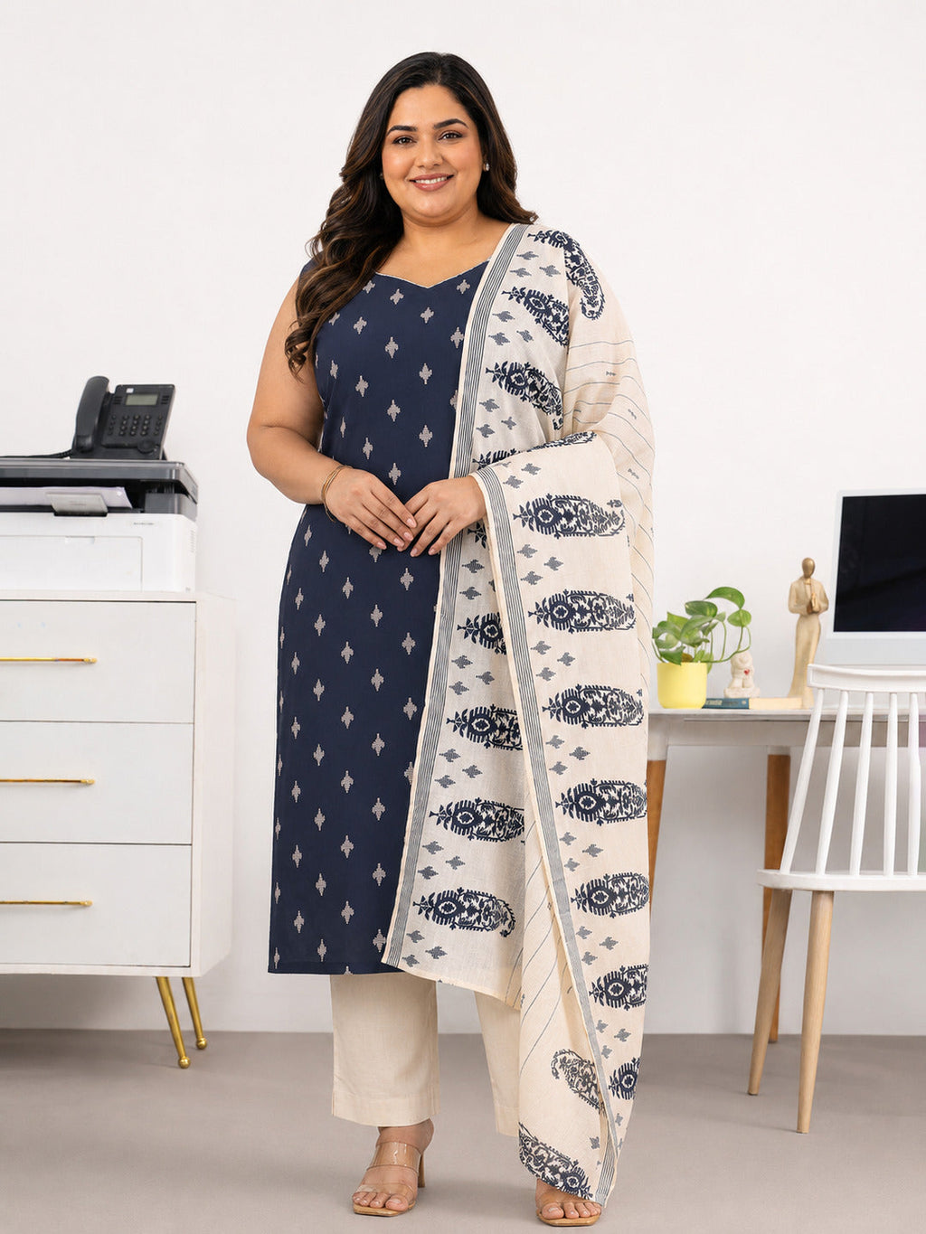 Plus Size Navy Blue Ethnic Motifs Woven Design Cotton Blend A-Line Kurta Set