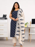 Plus Size Navy Blue Ethnic Motifs Woven Design Cotton Blend A-Line Kurta Set
