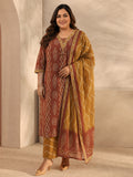 Plus Size Rust Ethnic Printed Cotton Straight Suit Set With Dupatta