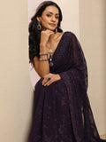 Libas Purple Embroidered Georgette Saree With Unstitched Blouse Piece