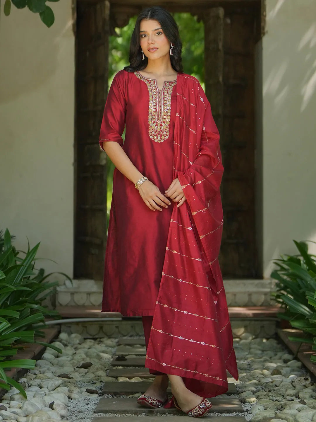 Gerua Red Yoke Design Silk Blend Straight Suit With Dupatta