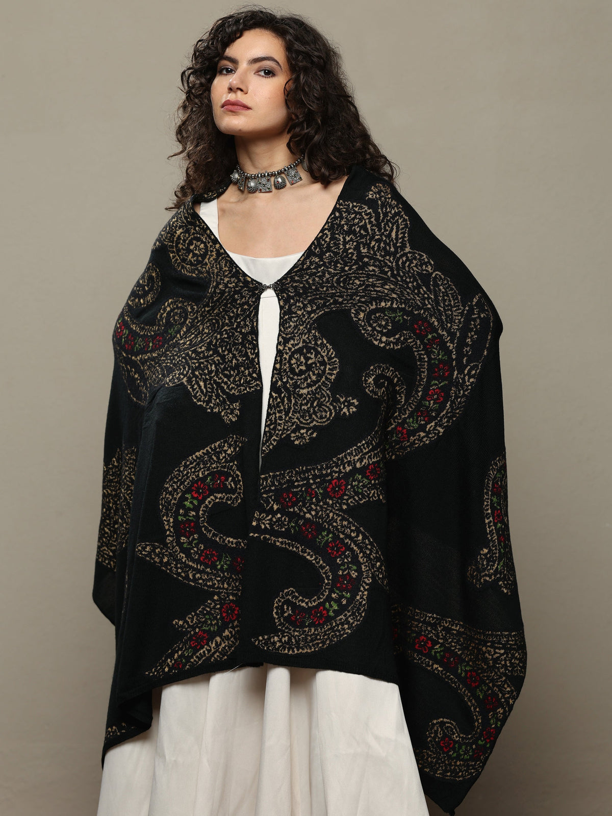 Libas Black Woven Design Wool Women's Shawl