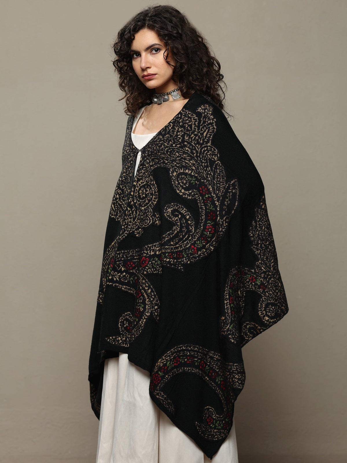 Libas Black Woven Design Wool Women's Shawl