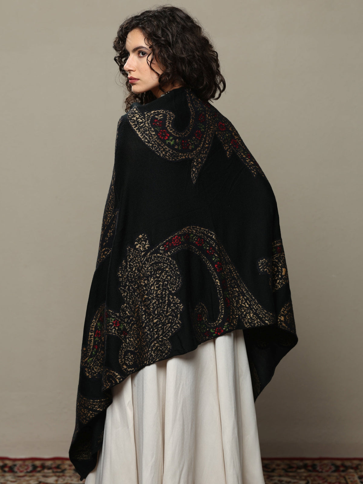 Libas Black Woven Design Wool Women's Shawl