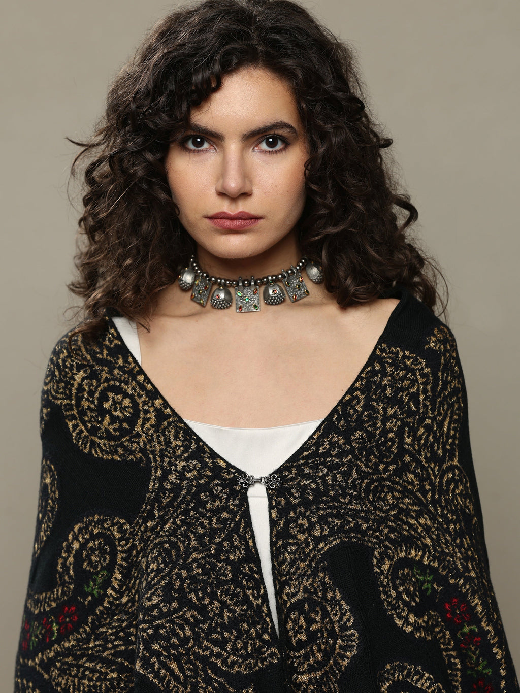Libas Black Woven Design Wool Women's Shawl