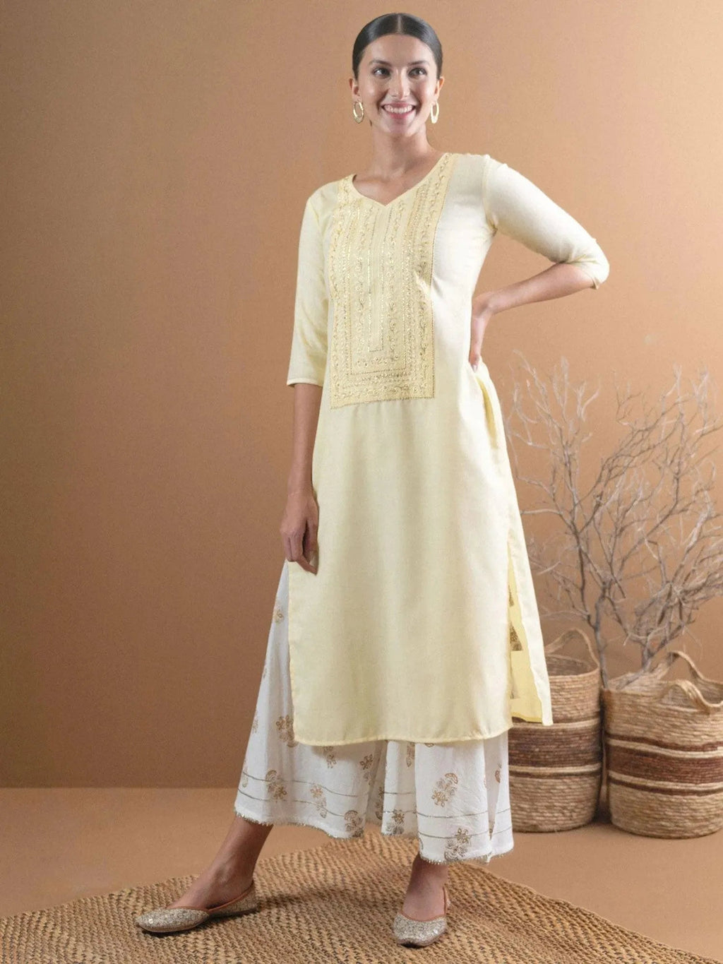 Libas Beige Embroidered Cotton Kurta With Mask