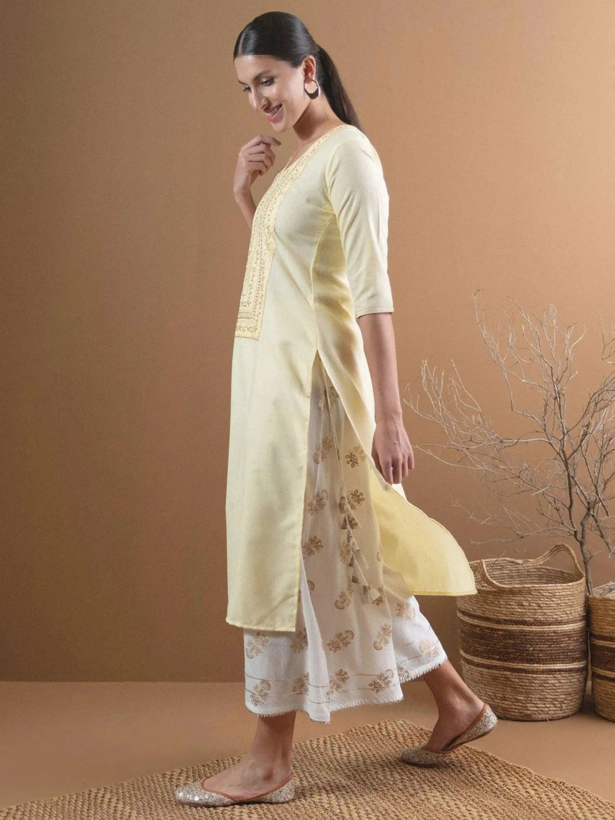 Libas Beige Embroidered Cotton Kurta With Mask