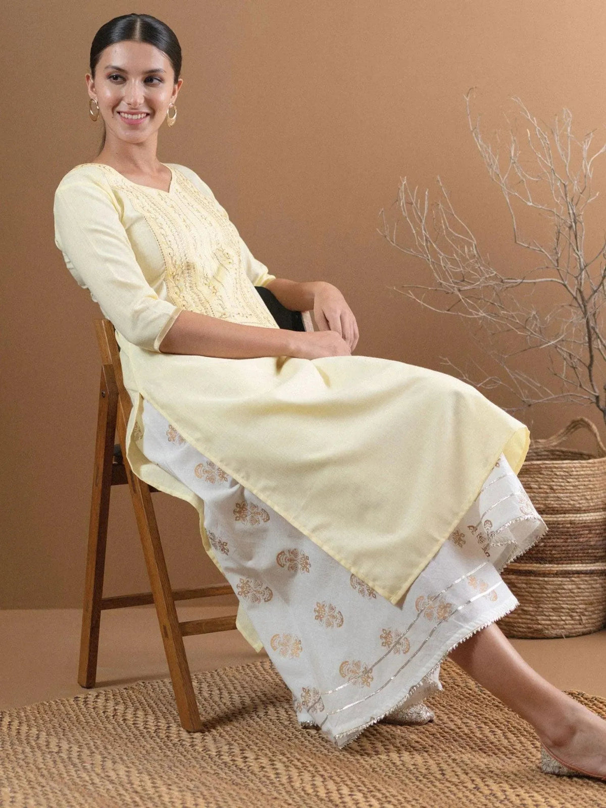 Libas Beige Embroidered Cotton Kurta With Mask