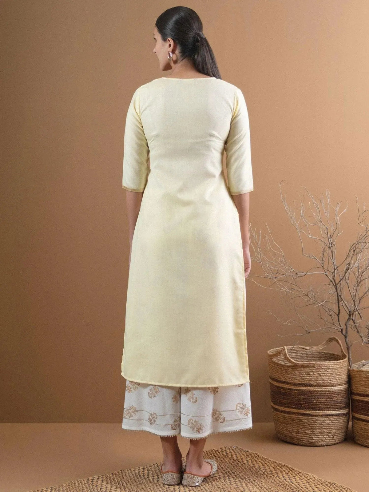 Libas Beige Embroidered Cotton Kurta With Mask