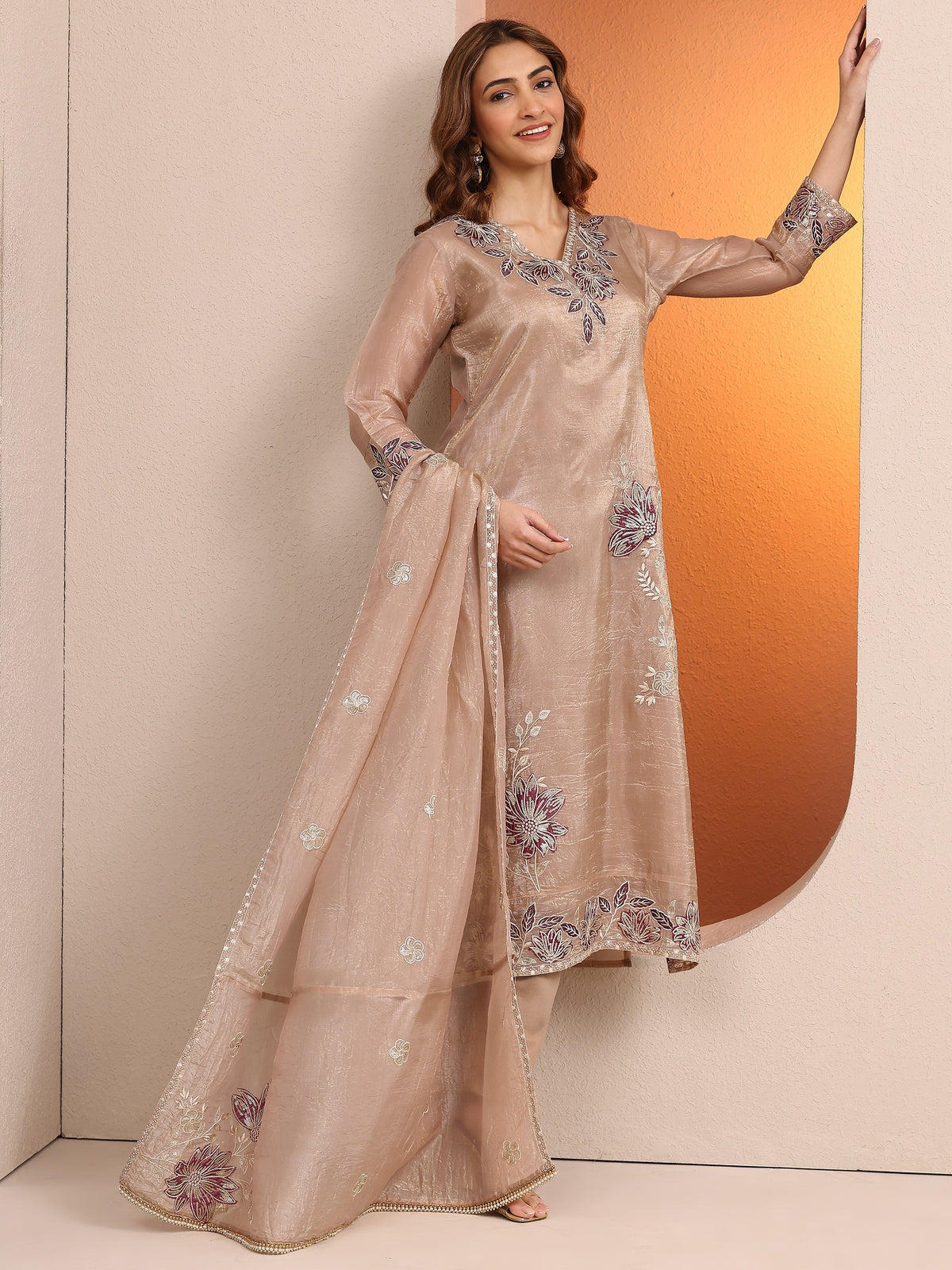Libas Beige Embroidered Organza Straight Suit Set With Dupatta