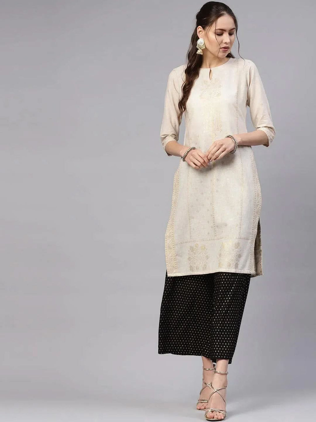 Libas Beige Printed Cotton Kurta