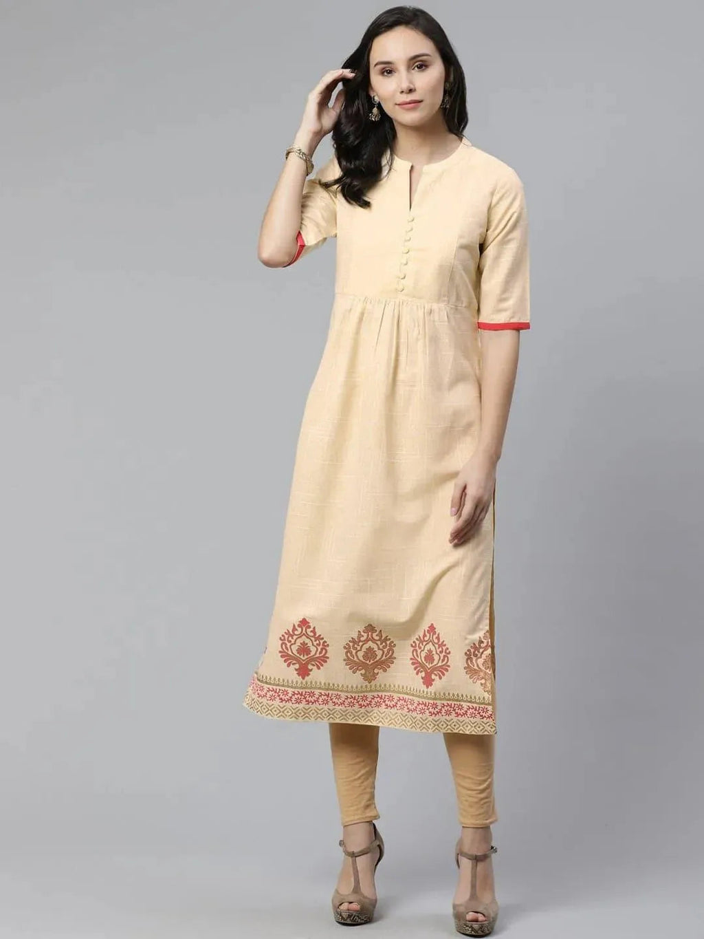 Libas Beige Printed Cotton Kurti