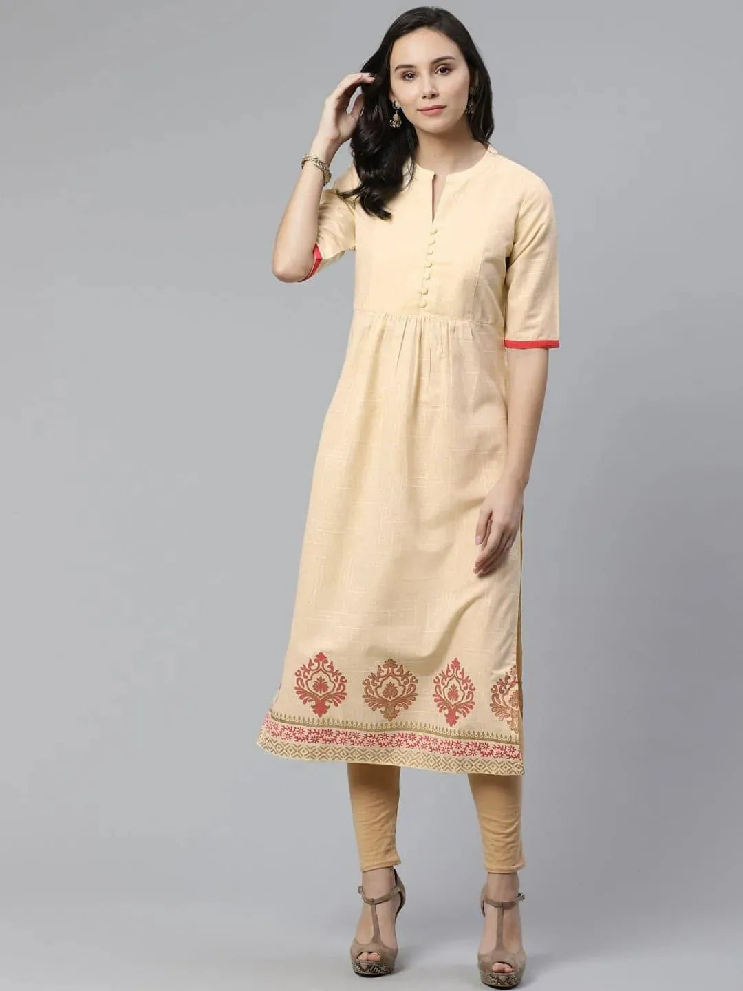 Libas Beige Printed Cotton Kurti