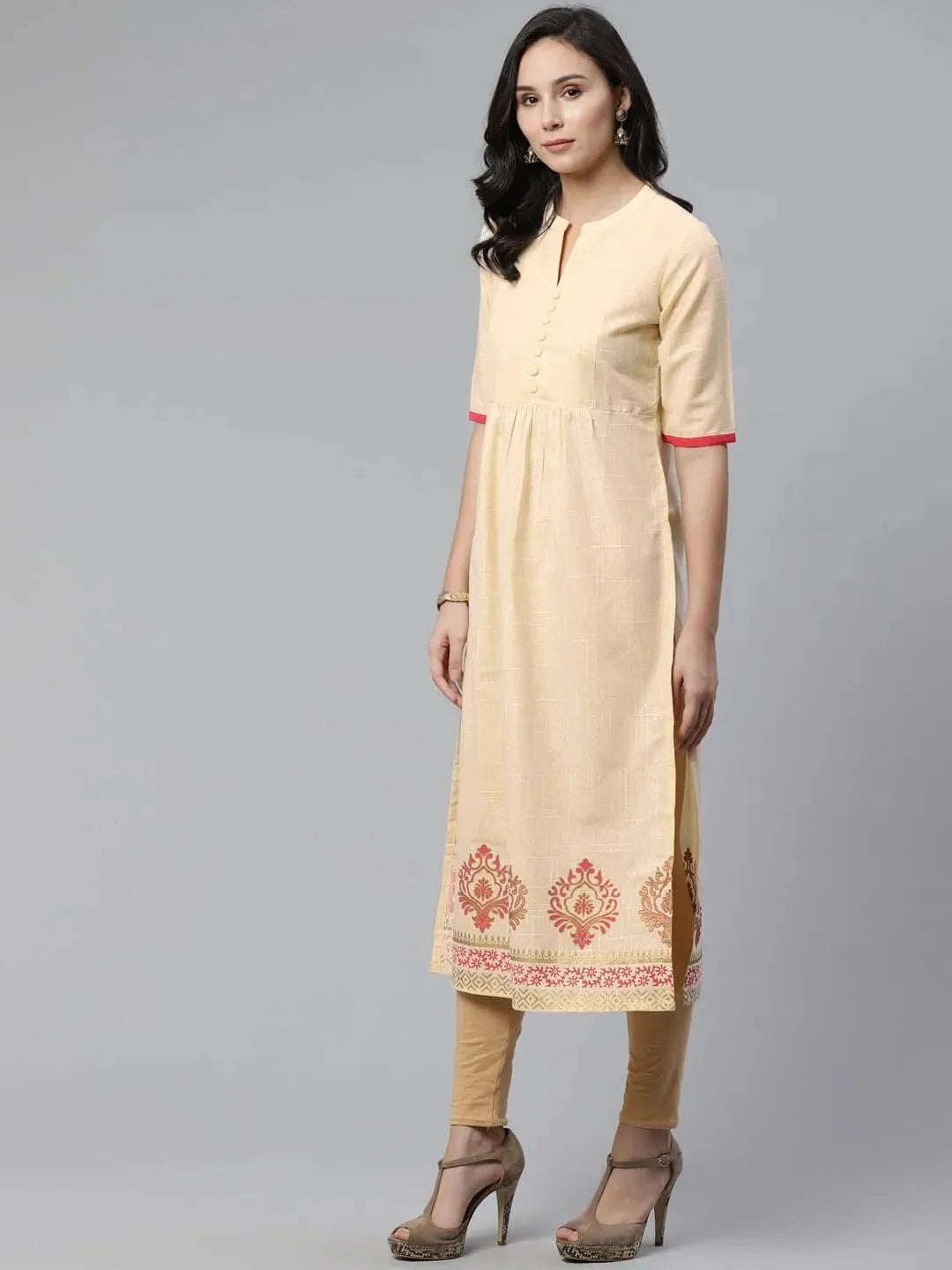 Libas Beige Printed Cotton Kurti