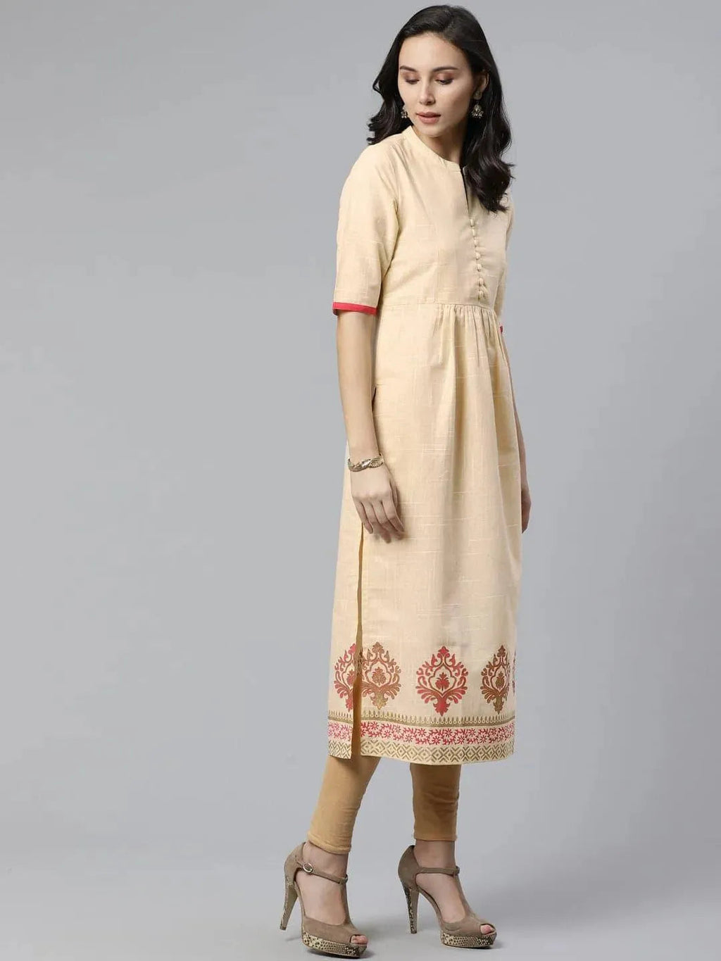 Libas Beige Printed Cotton Kurti