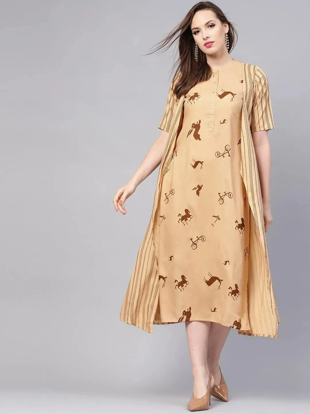 Libas Beige Printed Rayon Dress With Jacket