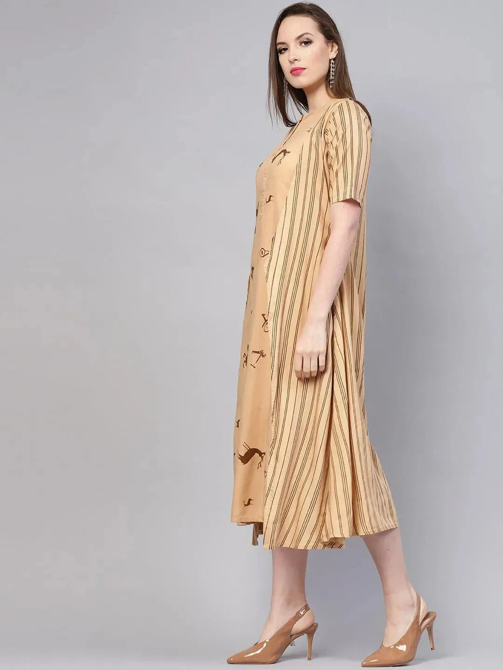 Libas Beige Printed Rayon Dress With Jacket
