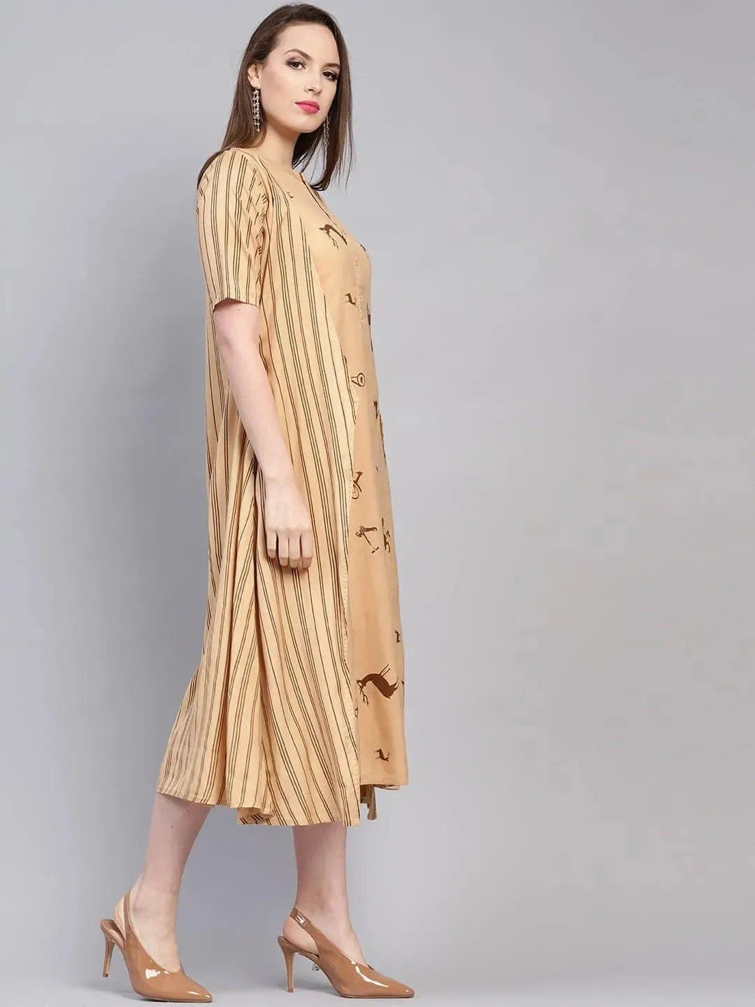 Libas Beige Printed Rayon Dress With Jacket