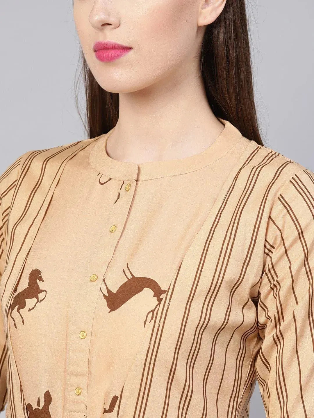 Libas Beige Printed Rayon Dress With Jacket