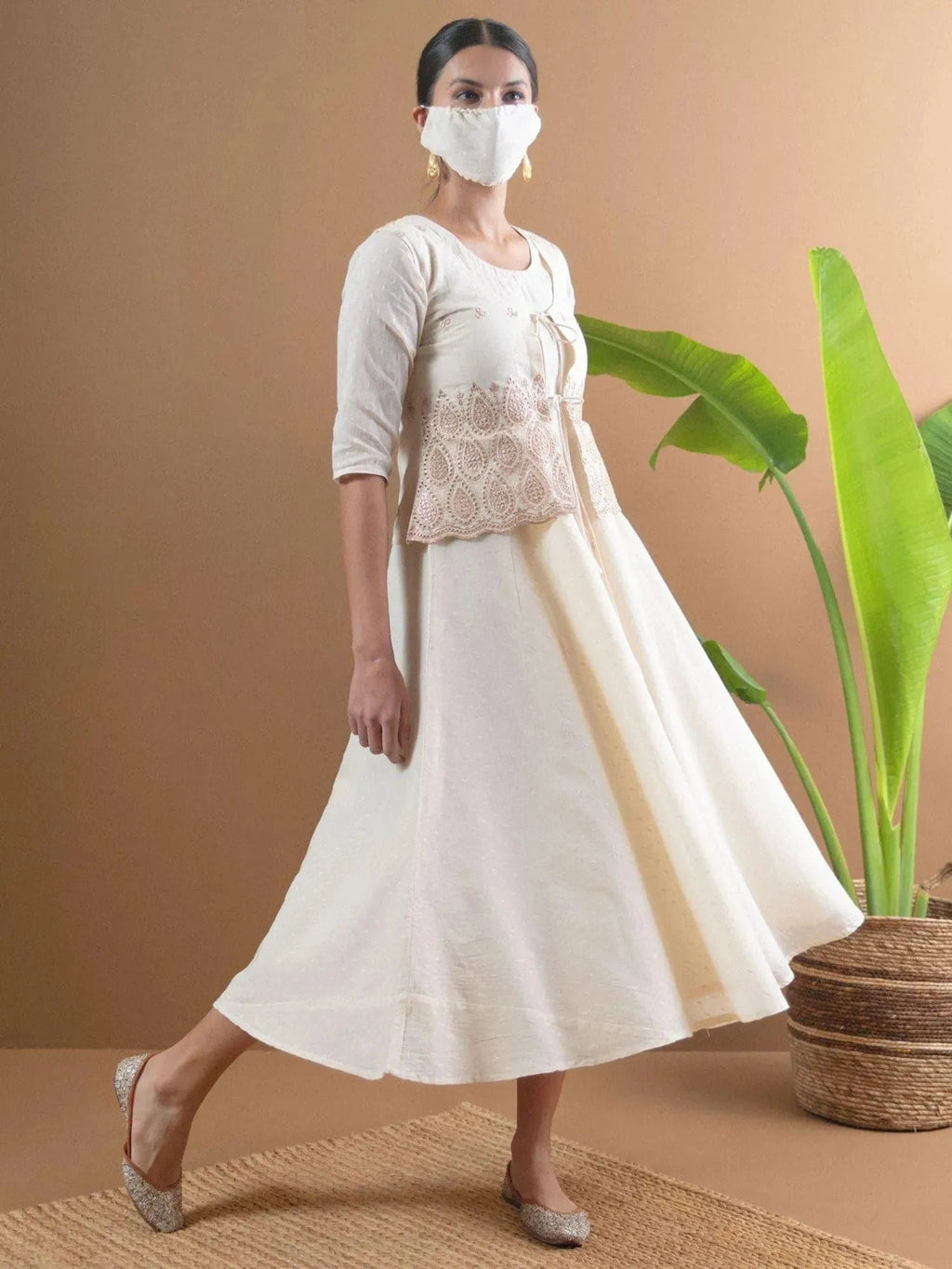 Libas Beige Solid Cotton Jacket Dress With Mask