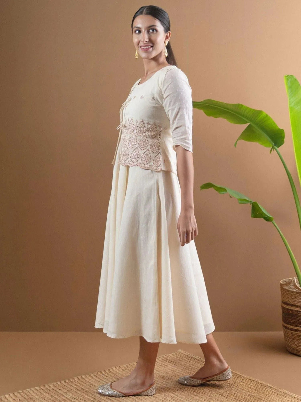 Libas Beige Solid Cotton Jacket Dress With Mask