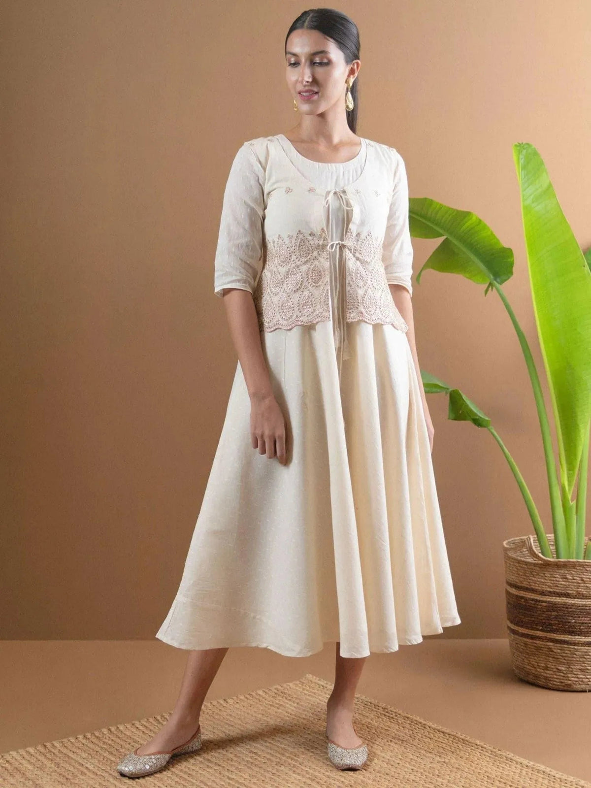 Libas Beige Solid Cotton Jacket Dress With Mask