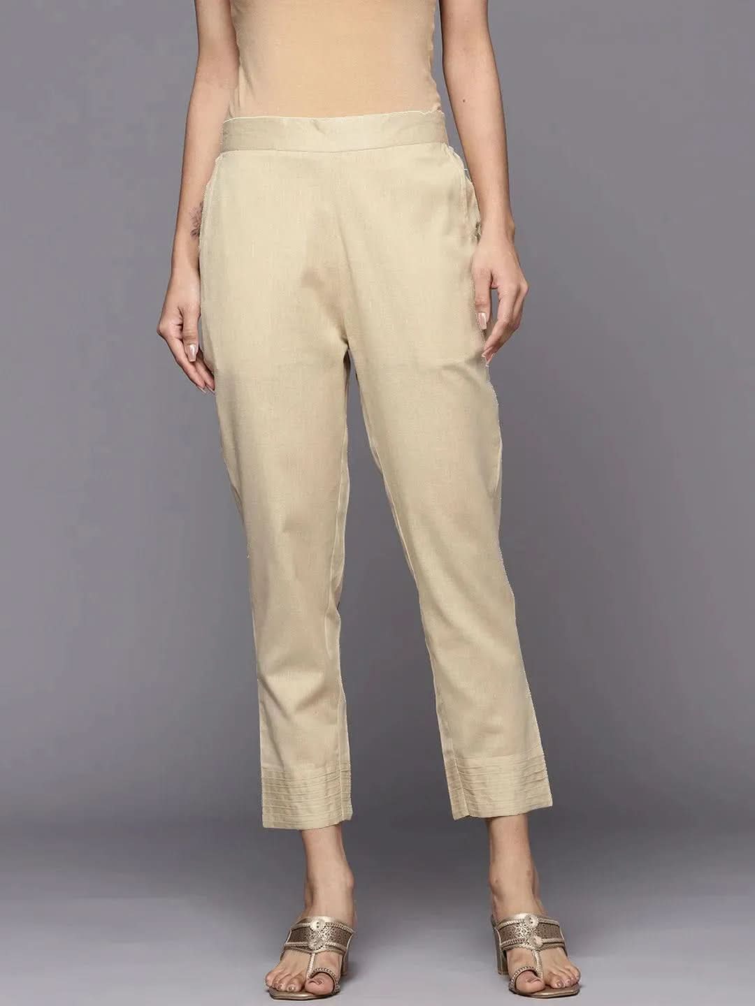 Libas Beige Solid Cotton Trousers