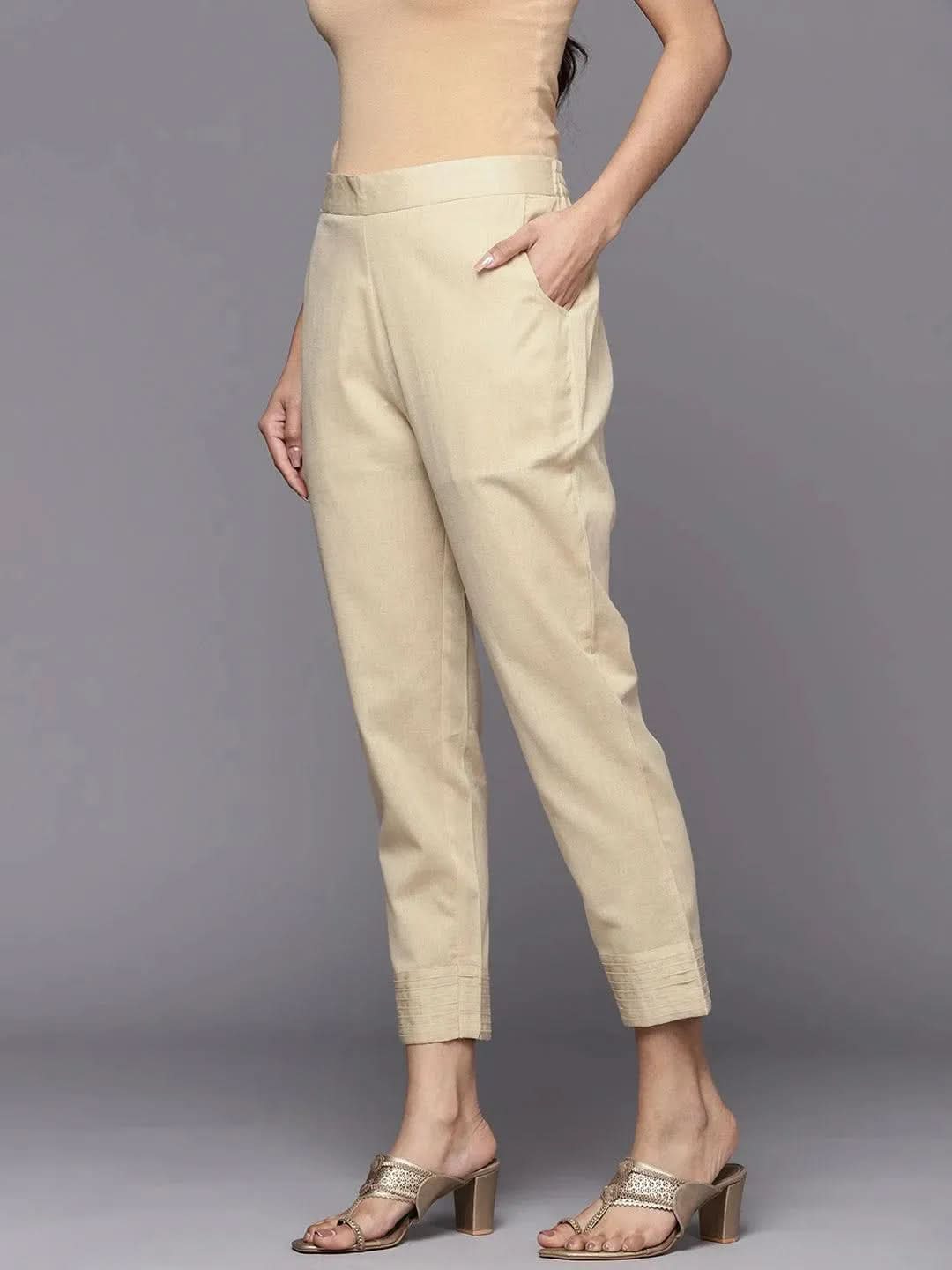 Libas Beige Solid Cotton Trousers