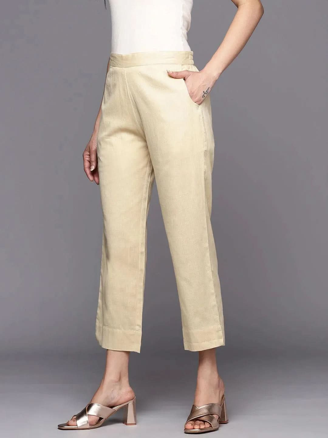 Libas Beige Solid Cotton Trousers