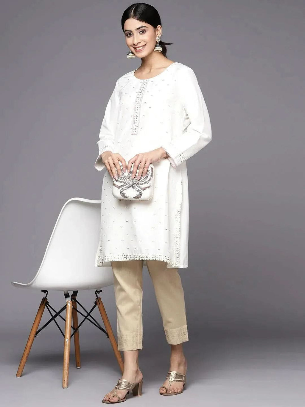 Libas Beige Solid Cotton Trousers