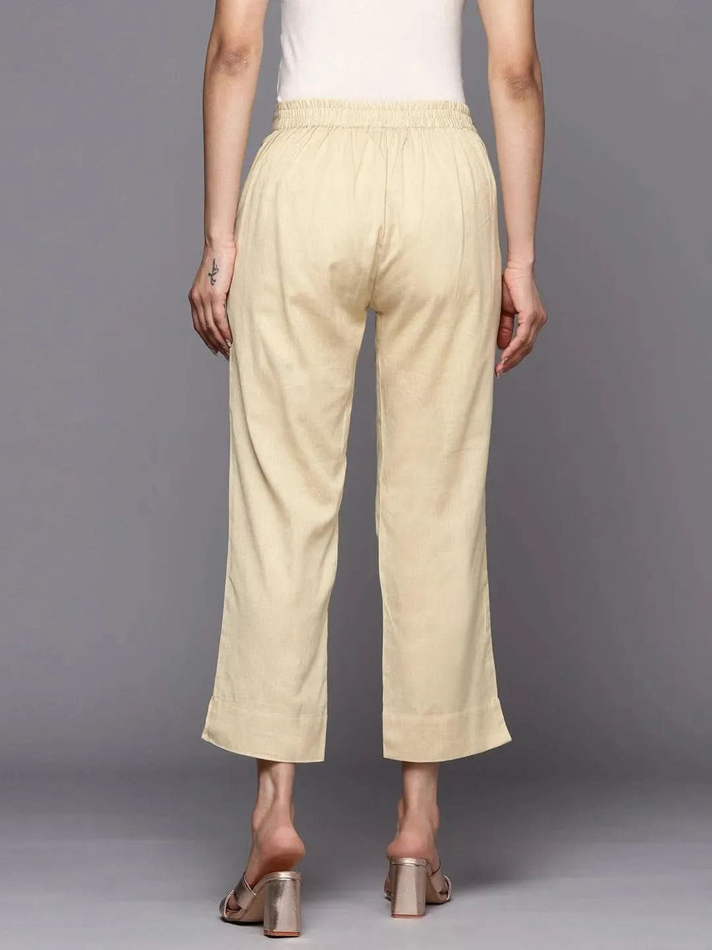 Libas Beige Solid Cotton Trousers
