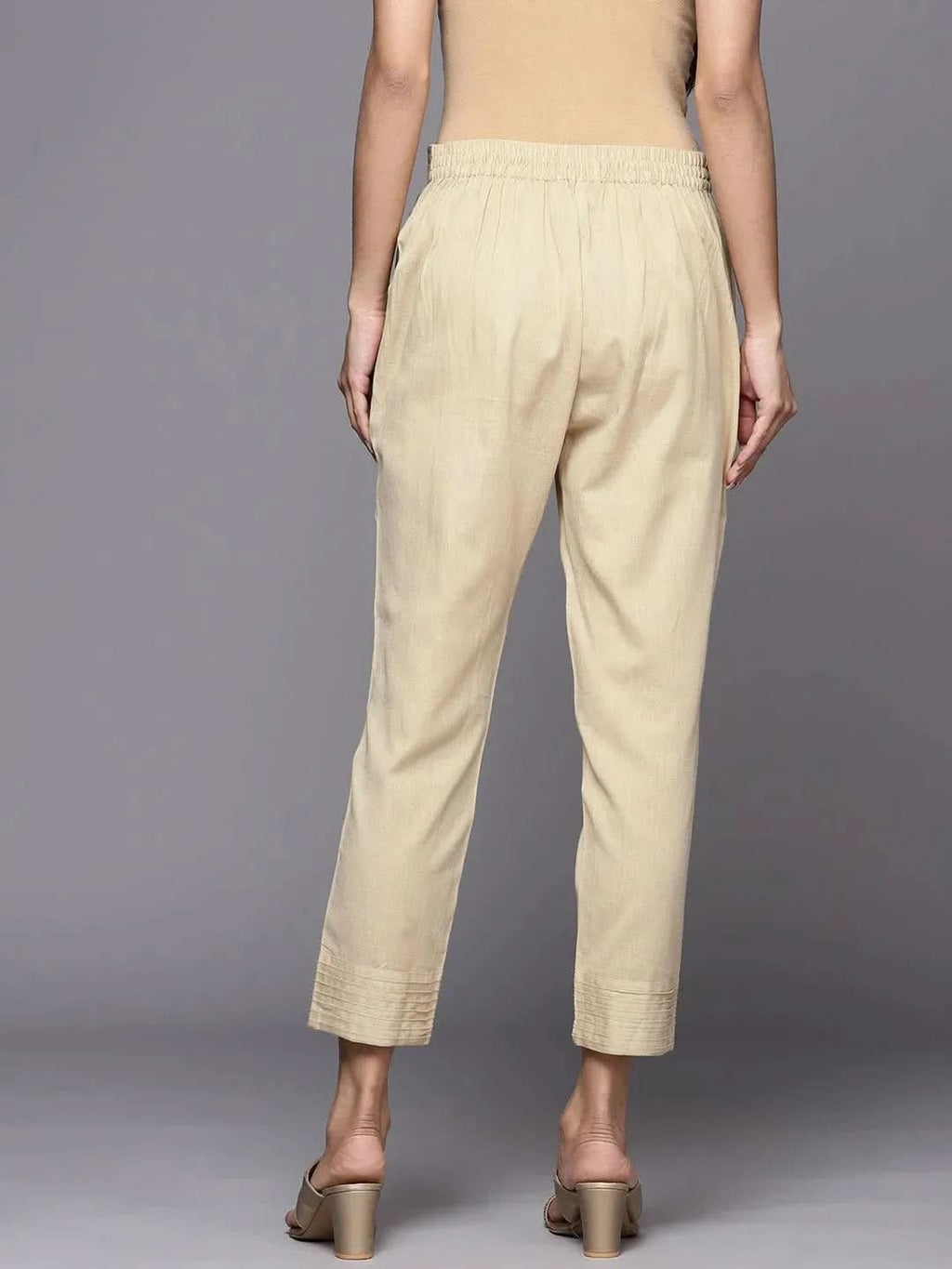 Libas Beige Solid Cotton Trousers