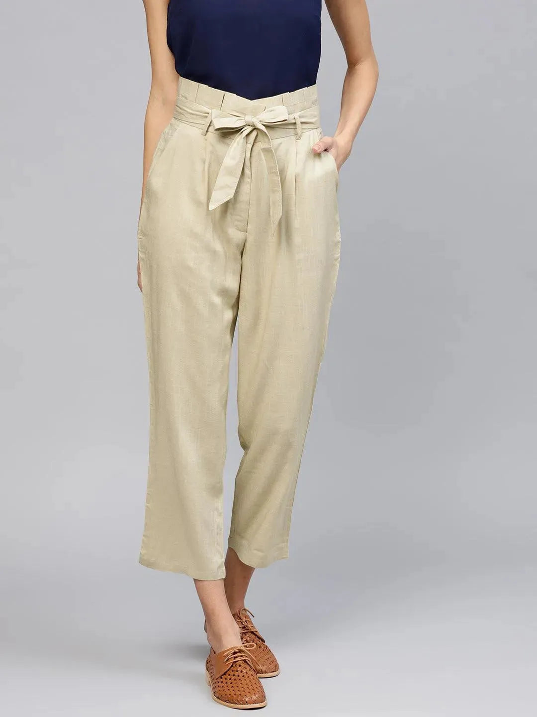 Libas Beige Solid Rayon Trousers