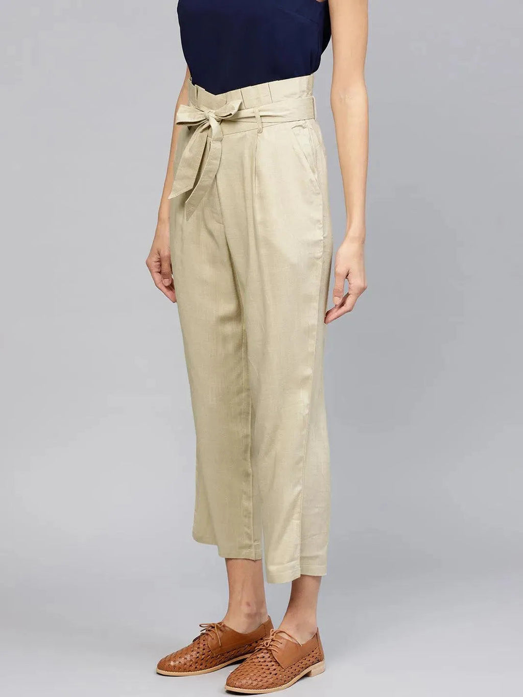 Libas Beige Solid Rayon Trousers