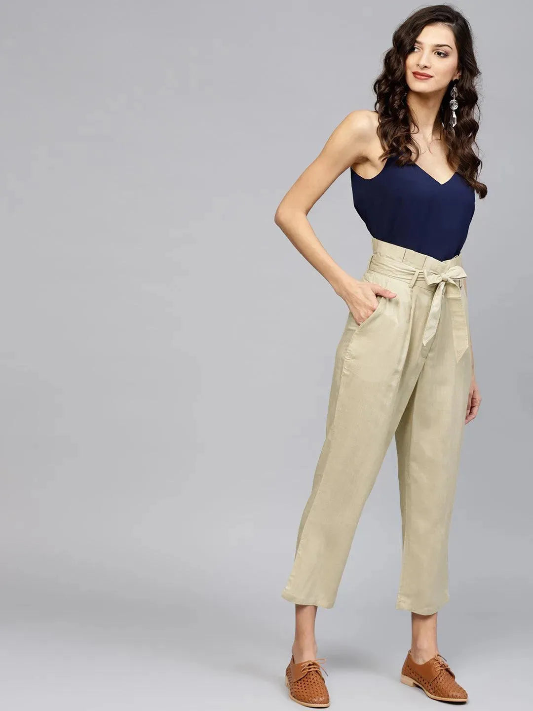 Libas Beige Solid Rayon Trousers