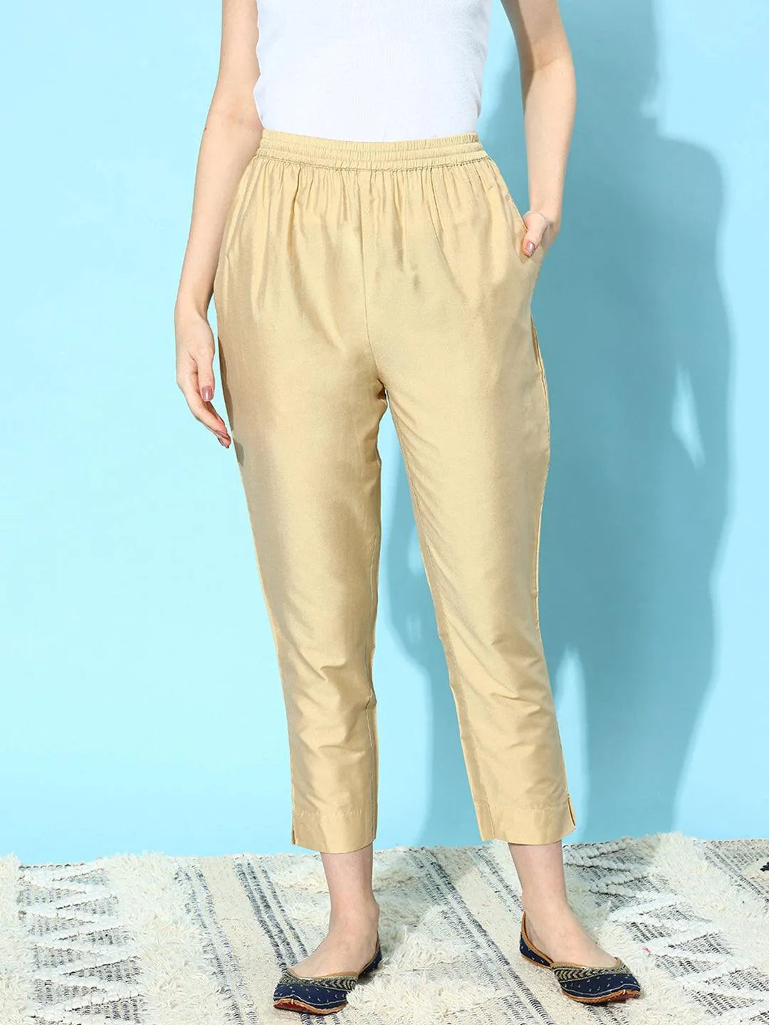 Libas Beige Solid Silk Trousers