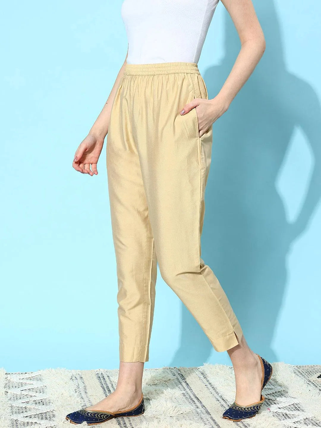 Libas Beige Solid Silk Trousers