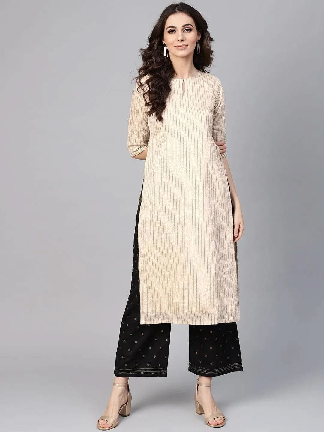 Libas Beige Striped Chanderi Kurta