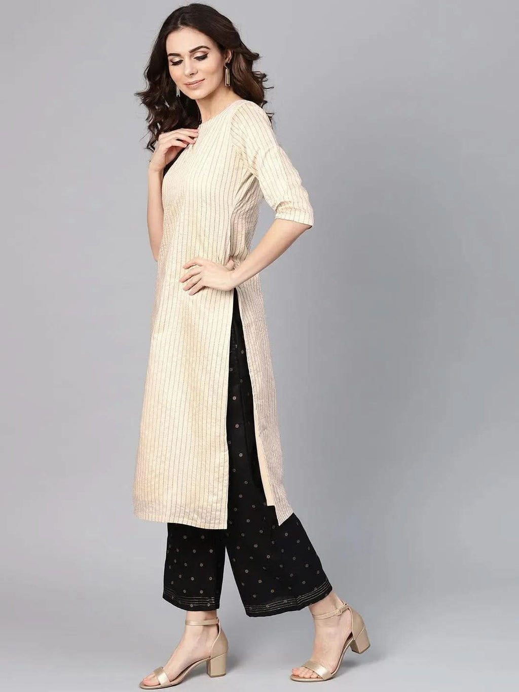Libas Beige Striped Chanderi Kurta