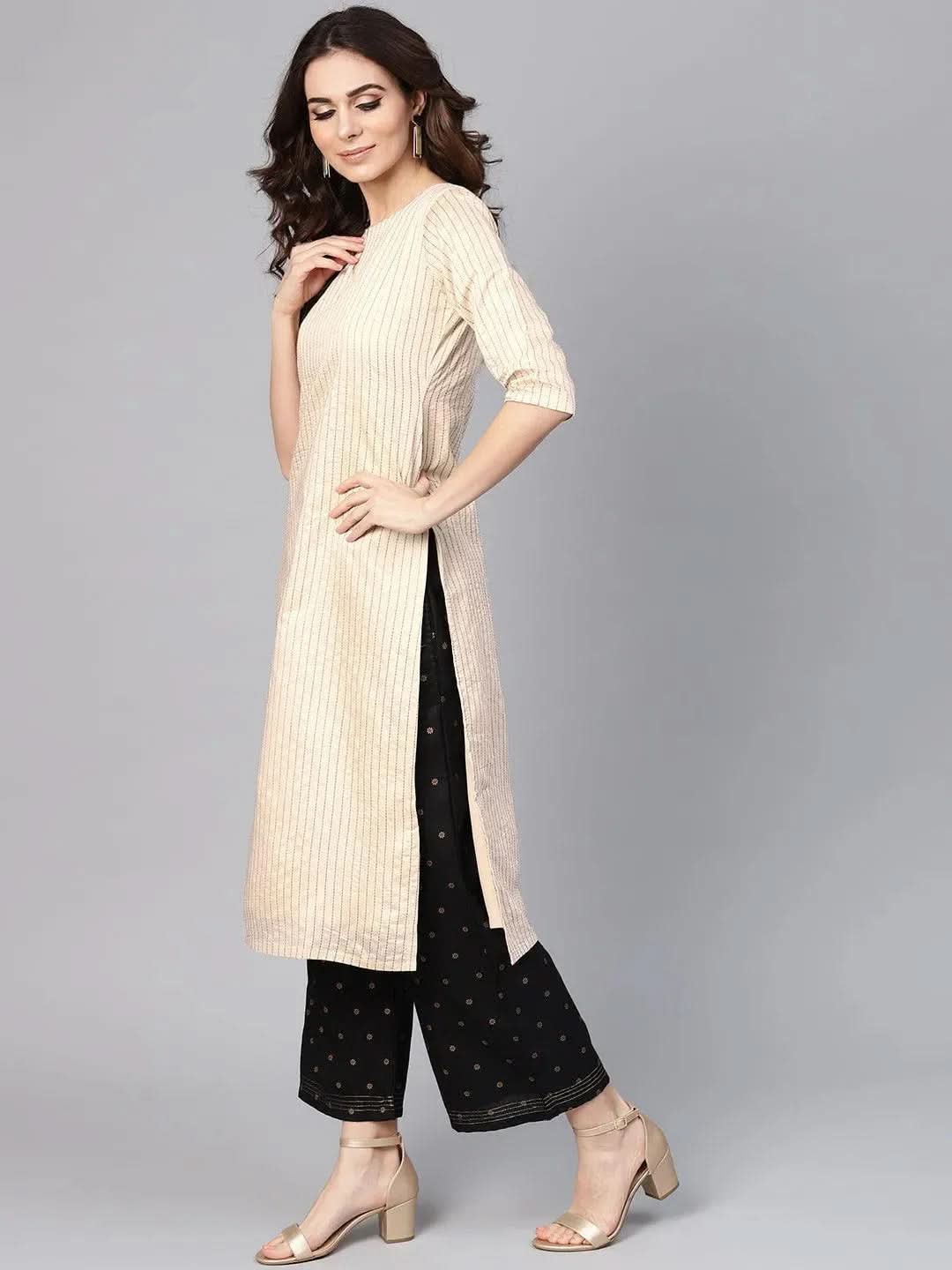 Libas Beige Striped Chanderi Kurta