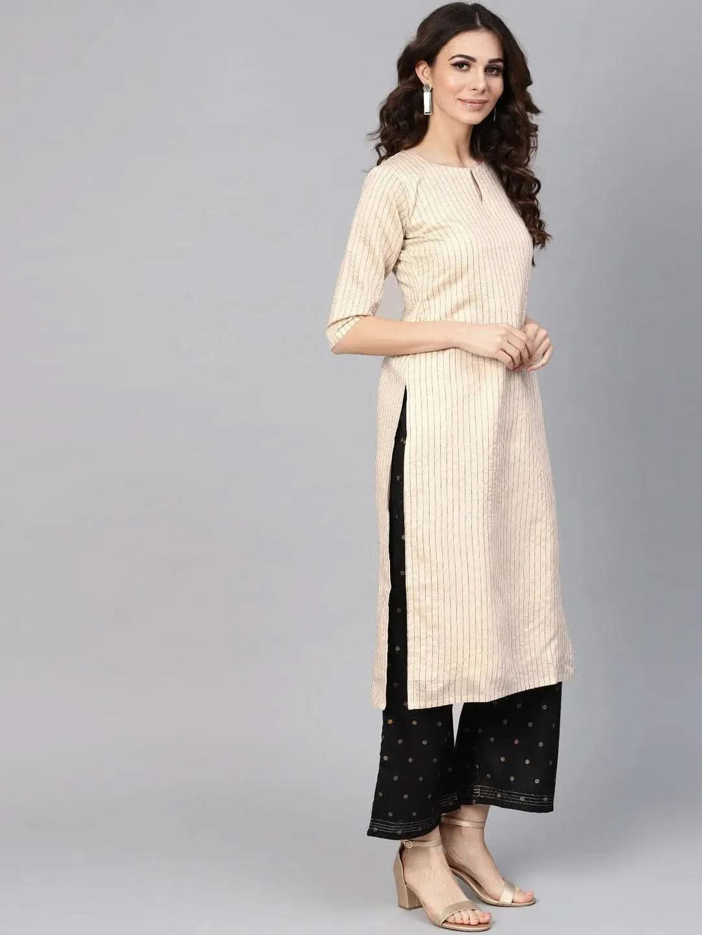 Libas Beige Striped Chanderi Kurta
