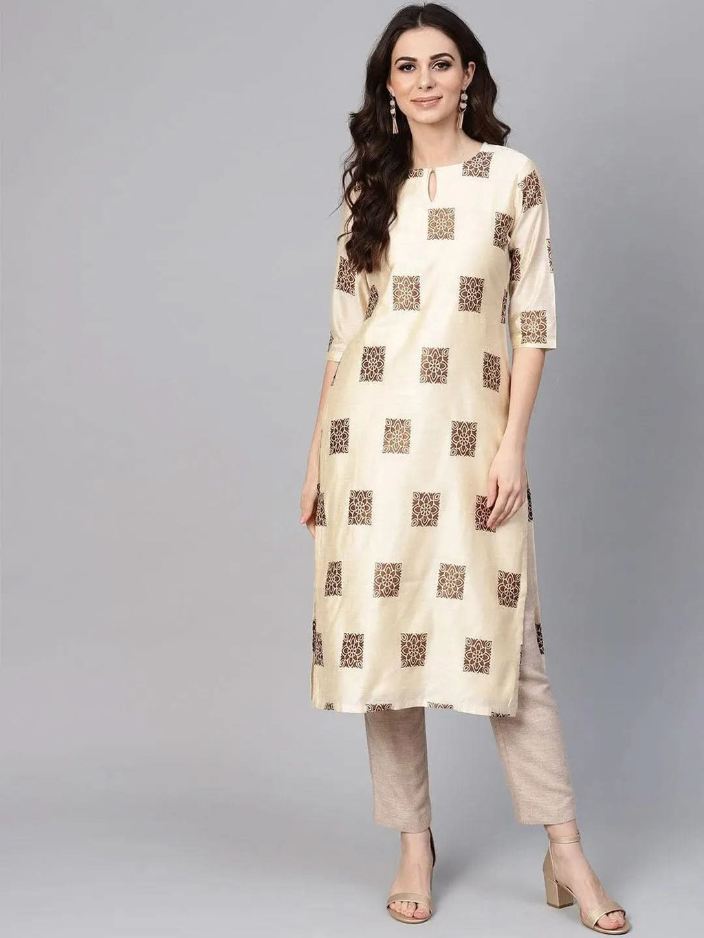 Libas Beige Woven Design Chanderi Kurta