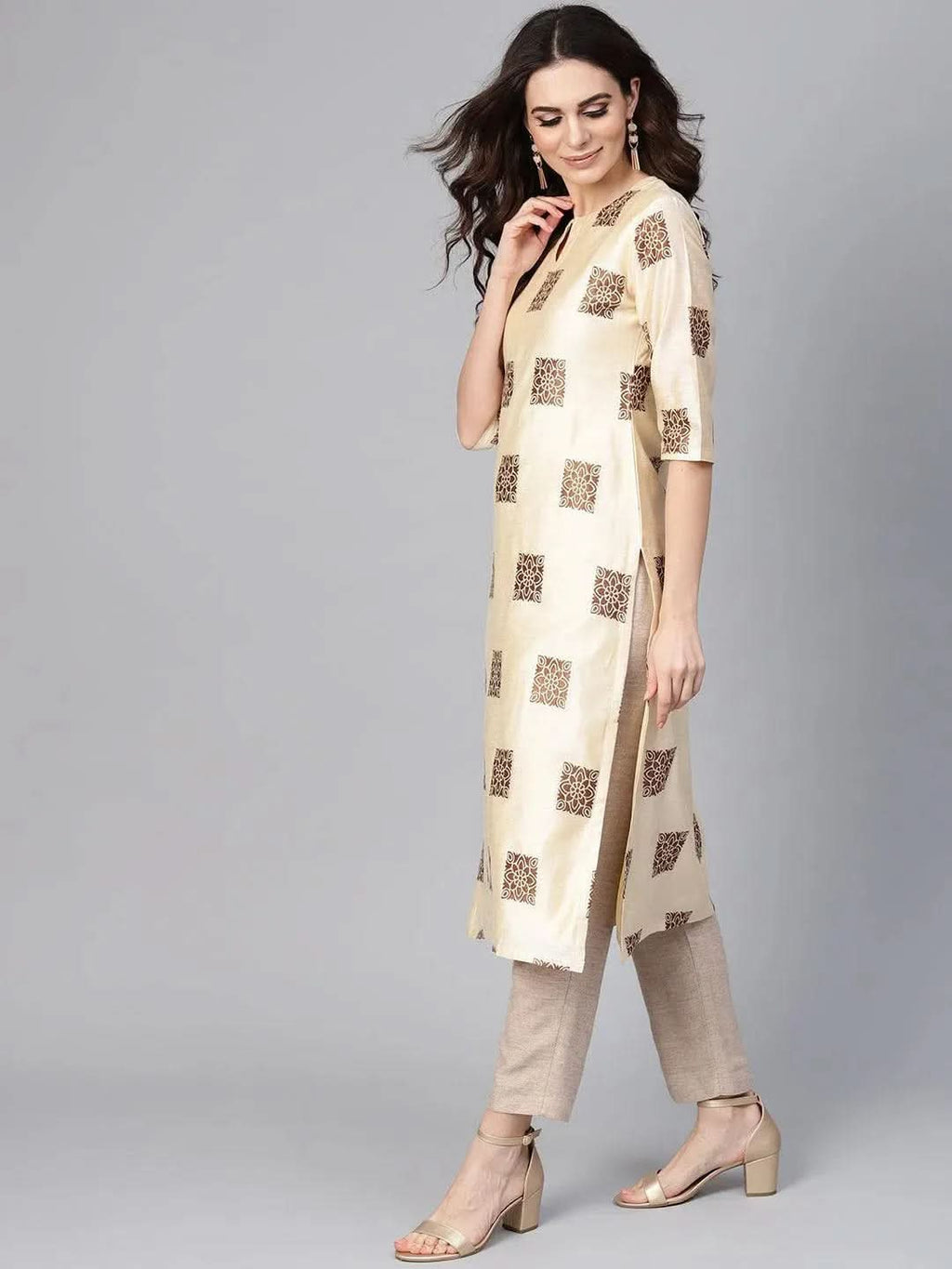 Libas Beige Woven Design Chanderi Kurta