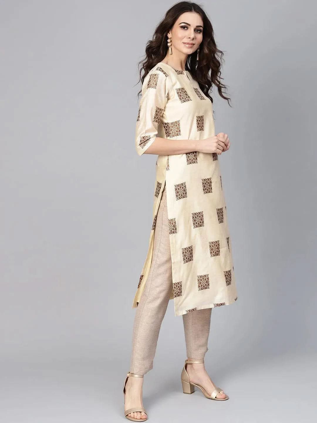 Libas Beige Woven Design Chanderi Kurta
