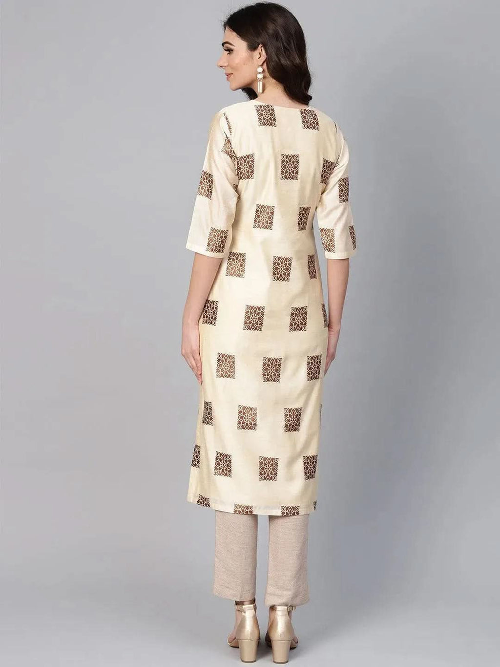Libas Beige Woven Design Chanderi Kurta