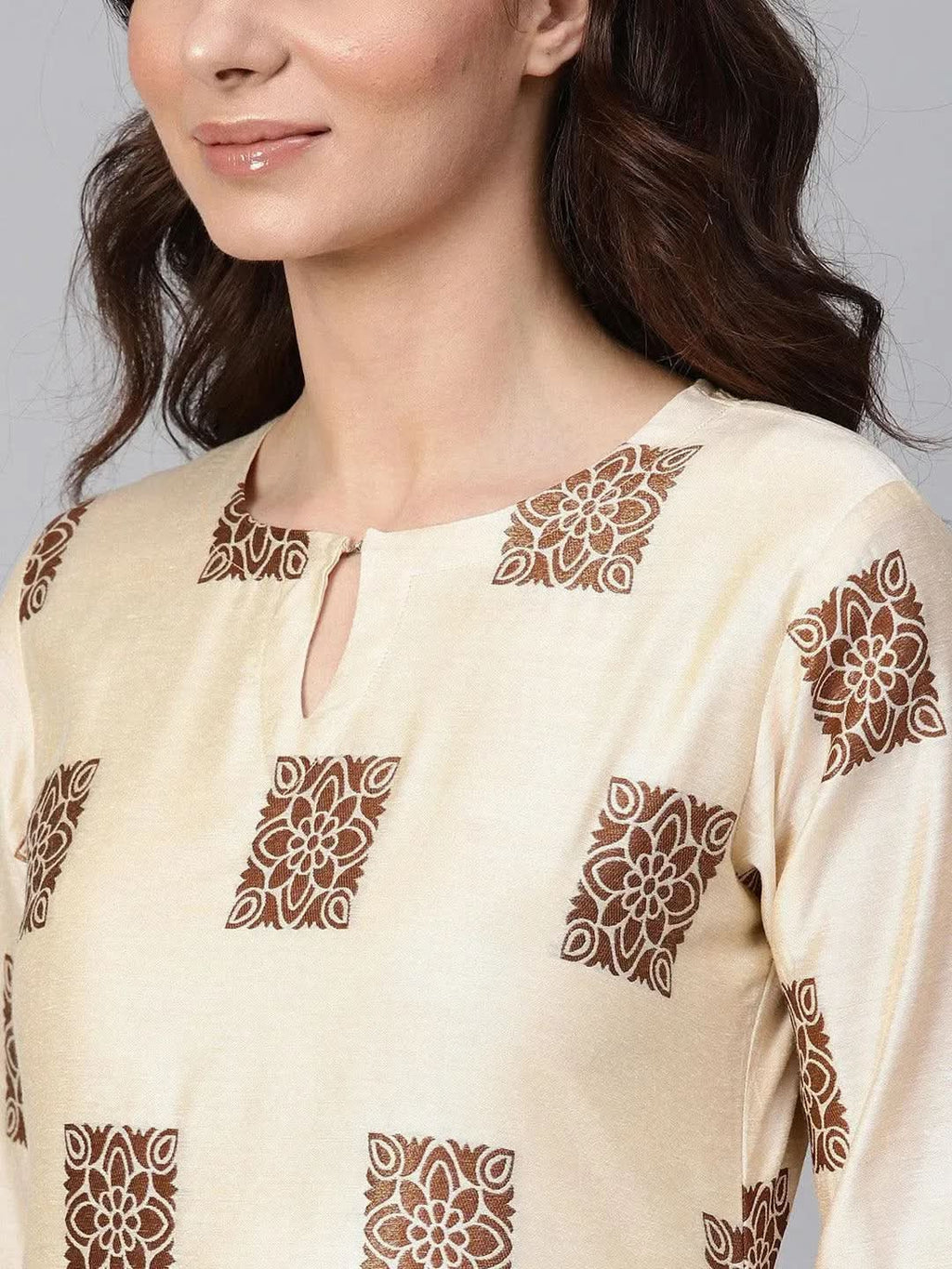 Libas Beige Woven Design Chanderi Kurta