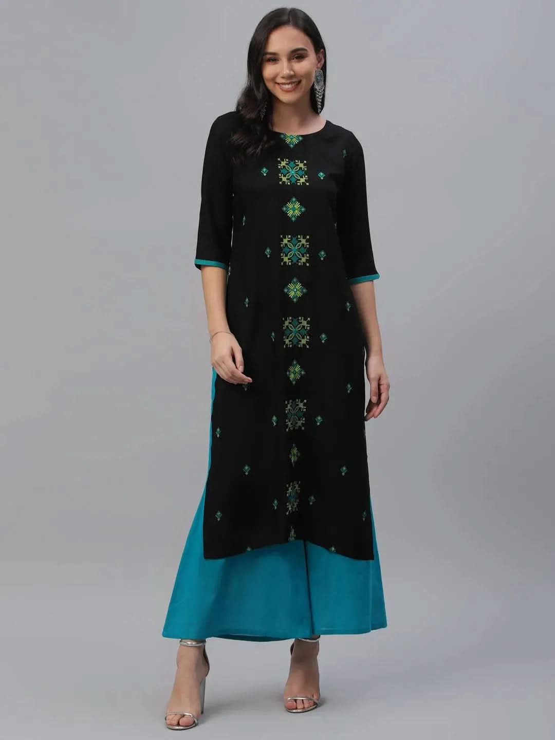 Libas Black Embroidered Rayon Kurta