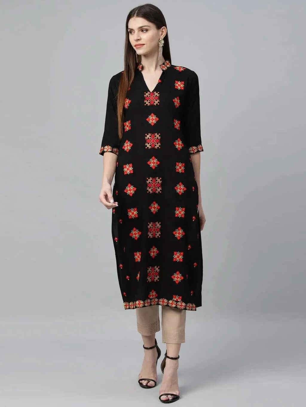 Libas Black Embroidered Rayon Kurta