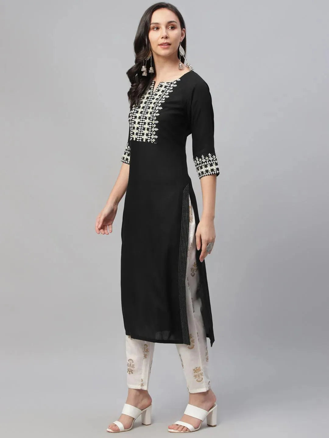 Libas Black Embroidered Rayon Kurta